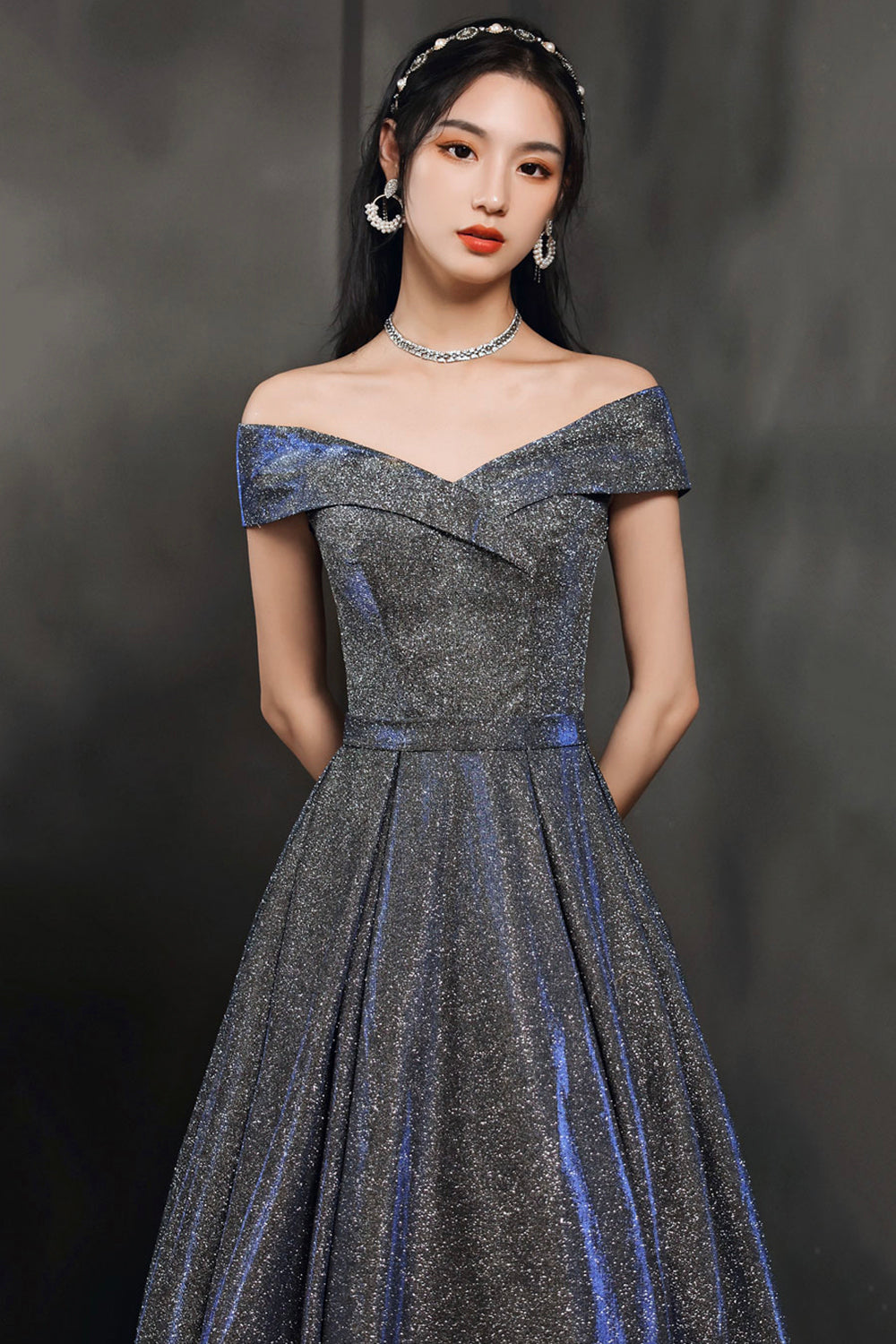 Simple A line v neck long prom dress off shoulder evening dress  8503