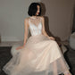 Cute tulle see through short prom dress champagne evening dress  8674