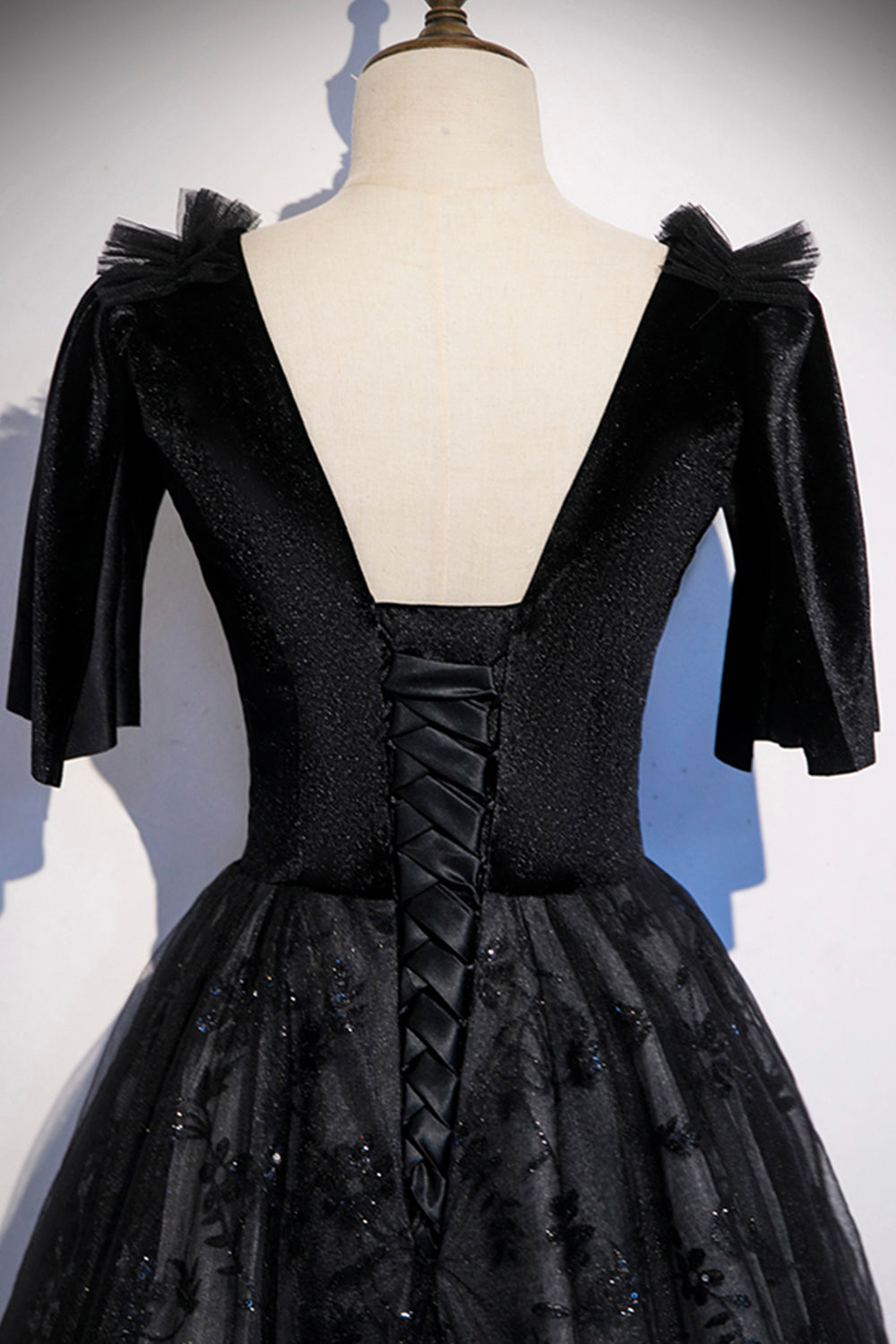 Black velvet lace long prom dress evening dress  8502