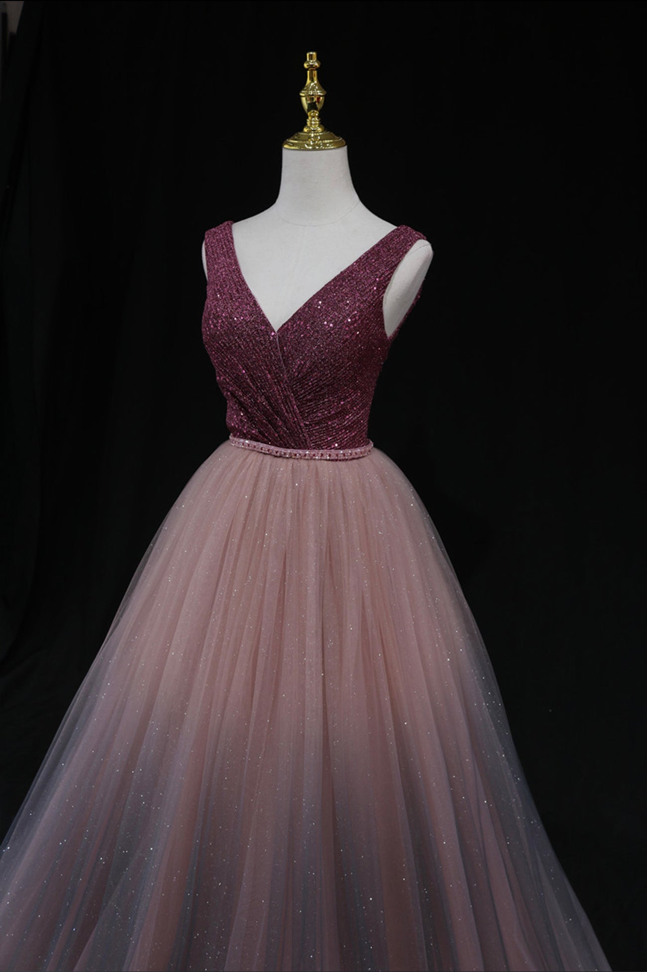 Shiny v neck tulle long prom gown formal dress  8602