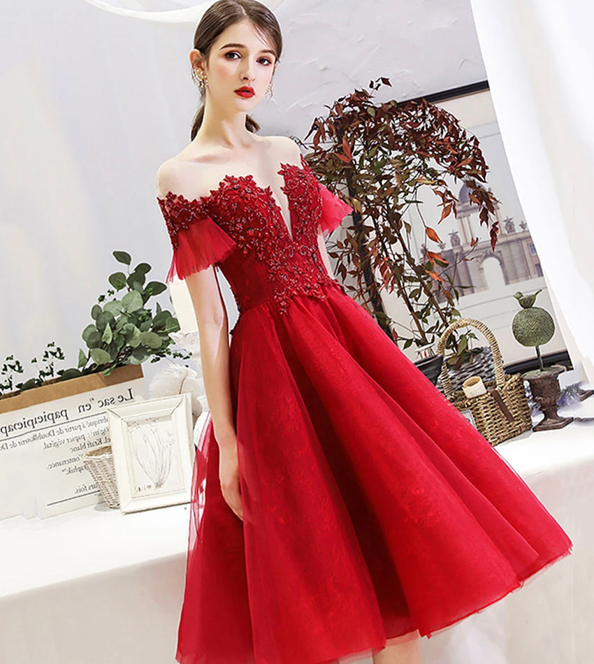 Burgundy lace short prom dress party dress  8527