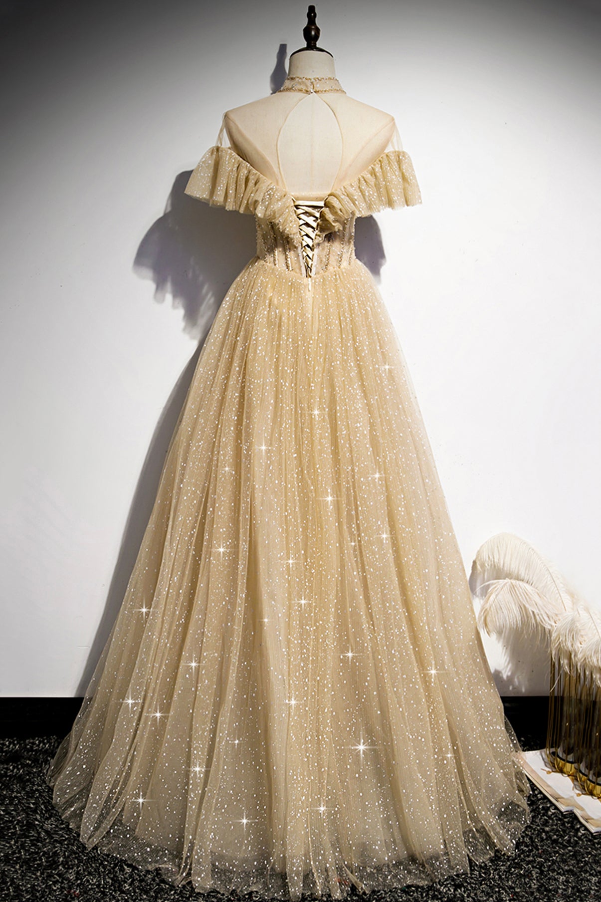Gold A line sequins long ball gown dress formal dress  8597
