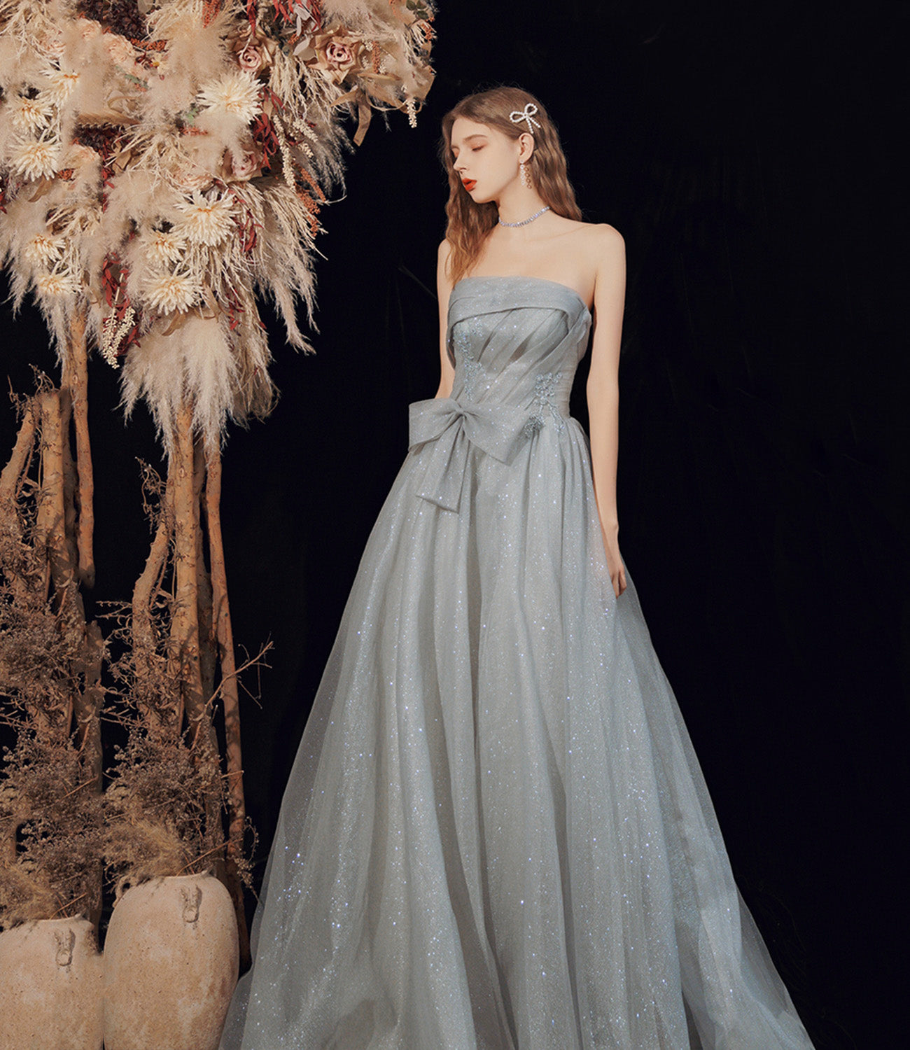 Gray tulle long A line prom dress gray evening dress  8792