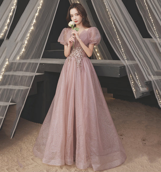 Pink tulle sequins long prom dress A line evening gown  10015