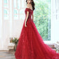 Red tulle sequins long prom dress evening dress  8969