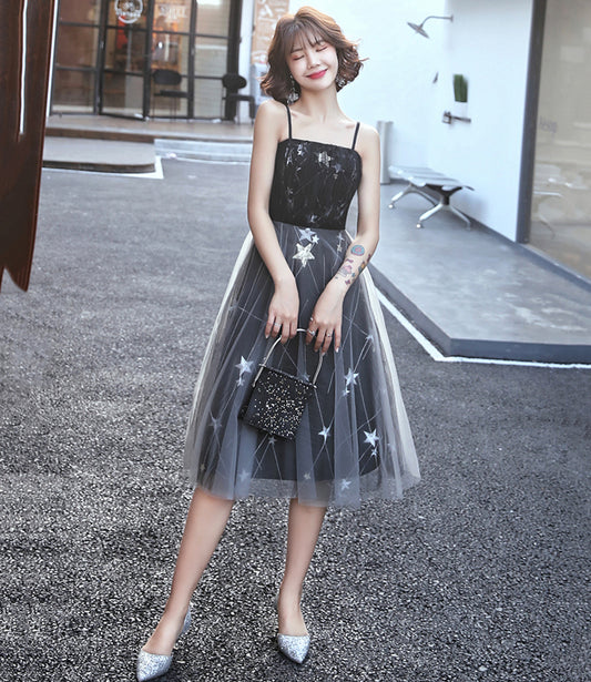 Black tulle short prom dress with star  8850