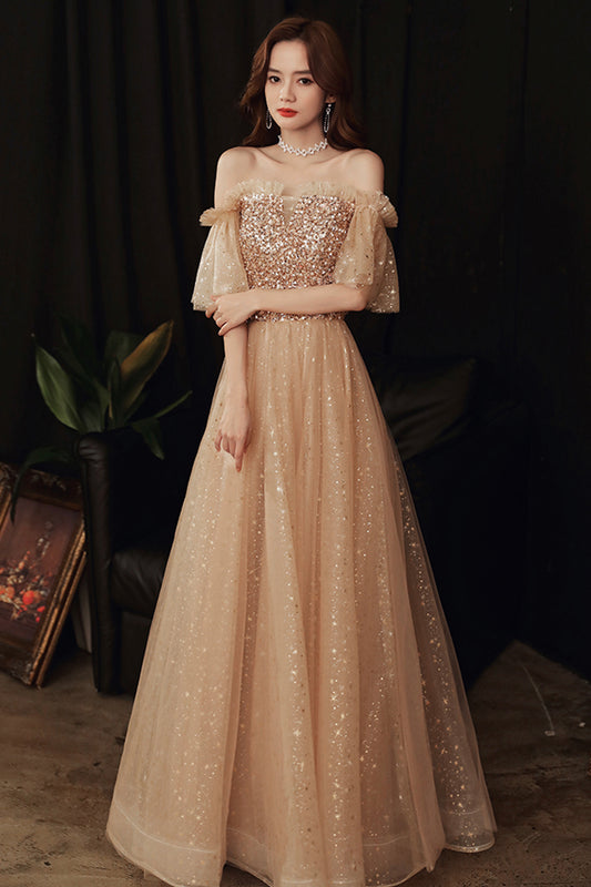 Gold sequins long A line prom dress evening dress  8859