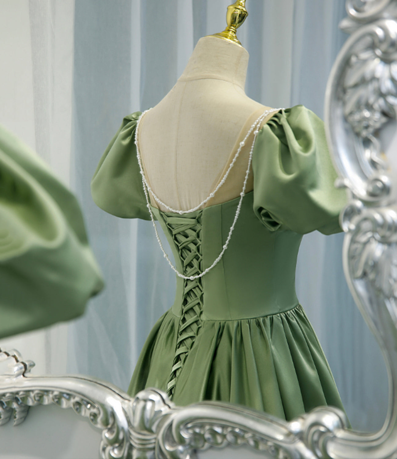 Langes A-Linien-Abschlussballkleid aus grünem Satin, grünes Abendkleid 8810