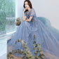 Blue tulle sequins long prom dress A line evening gown  10013