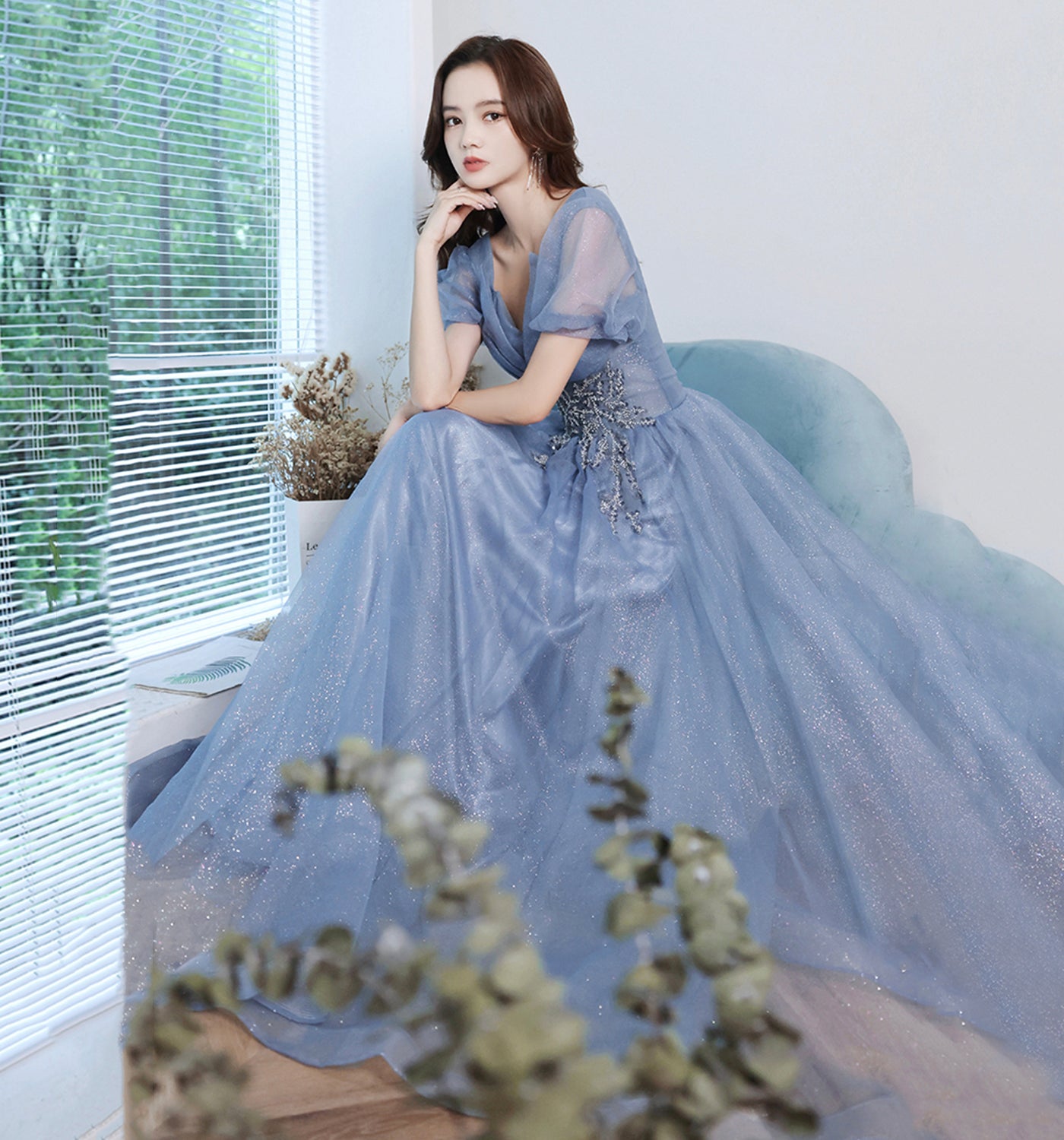 Blue tulle sequins long prom dress A line evening gown  10013