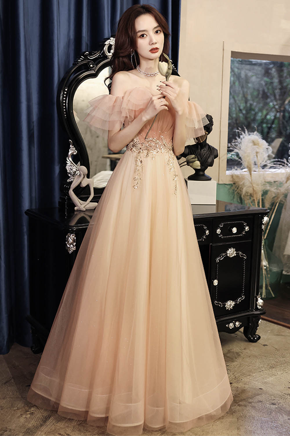 Pink tulle sequins long prom dress evening dress  8600