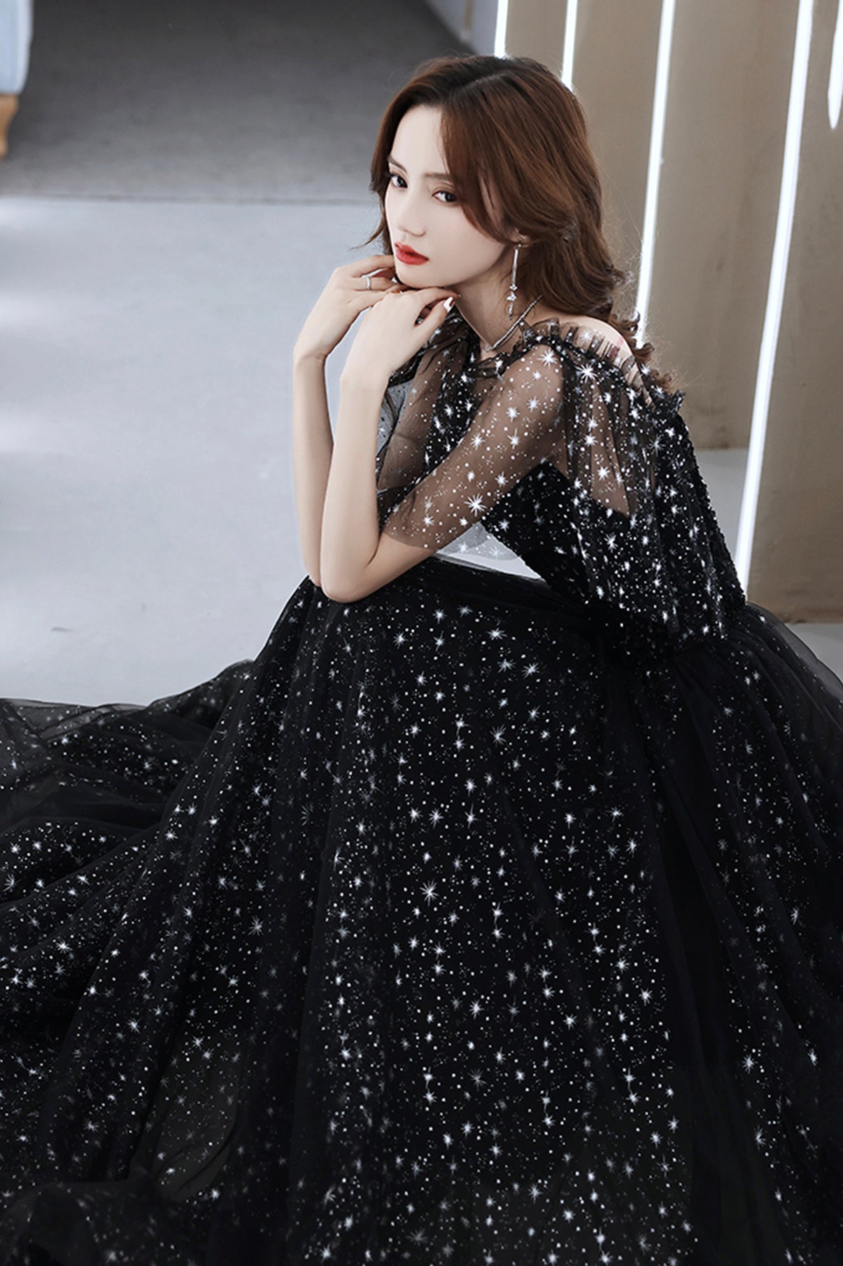 Black tulle long A line prom dress evening dress  8681