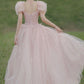 Pink tulle long A line prom dress evening dress  8735