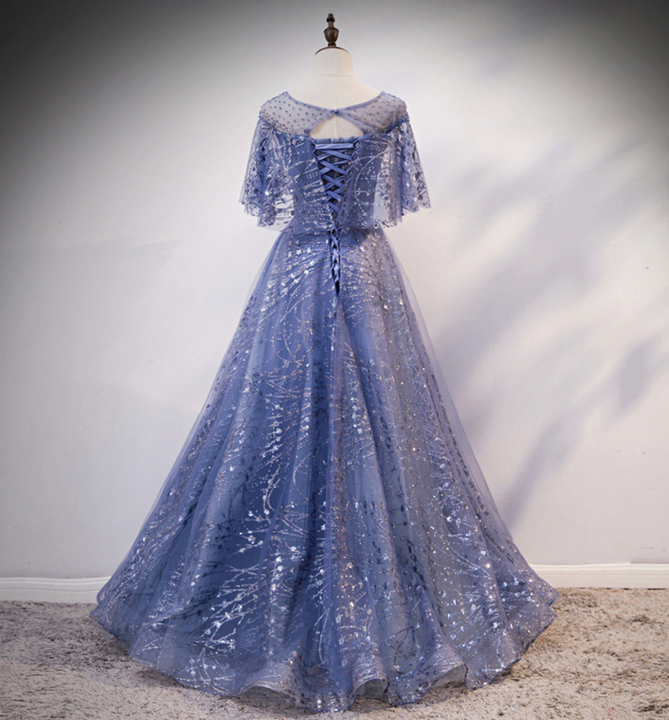 Blue tulle sequins long ball gown dress evening dress  8619