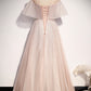Pink tulle long A line prom dress pink evening dress  8707