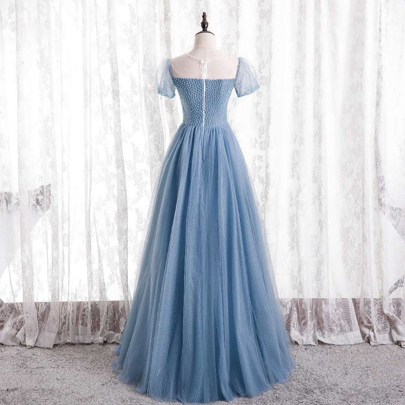 Blue tulle long A line prom dress blue evening dress  8728