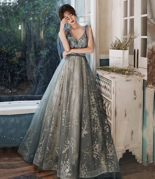 Gray tulle sequins long prom dress evening dress 8968