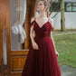 Burgundy tulle long prom dress simple evening gown  8941