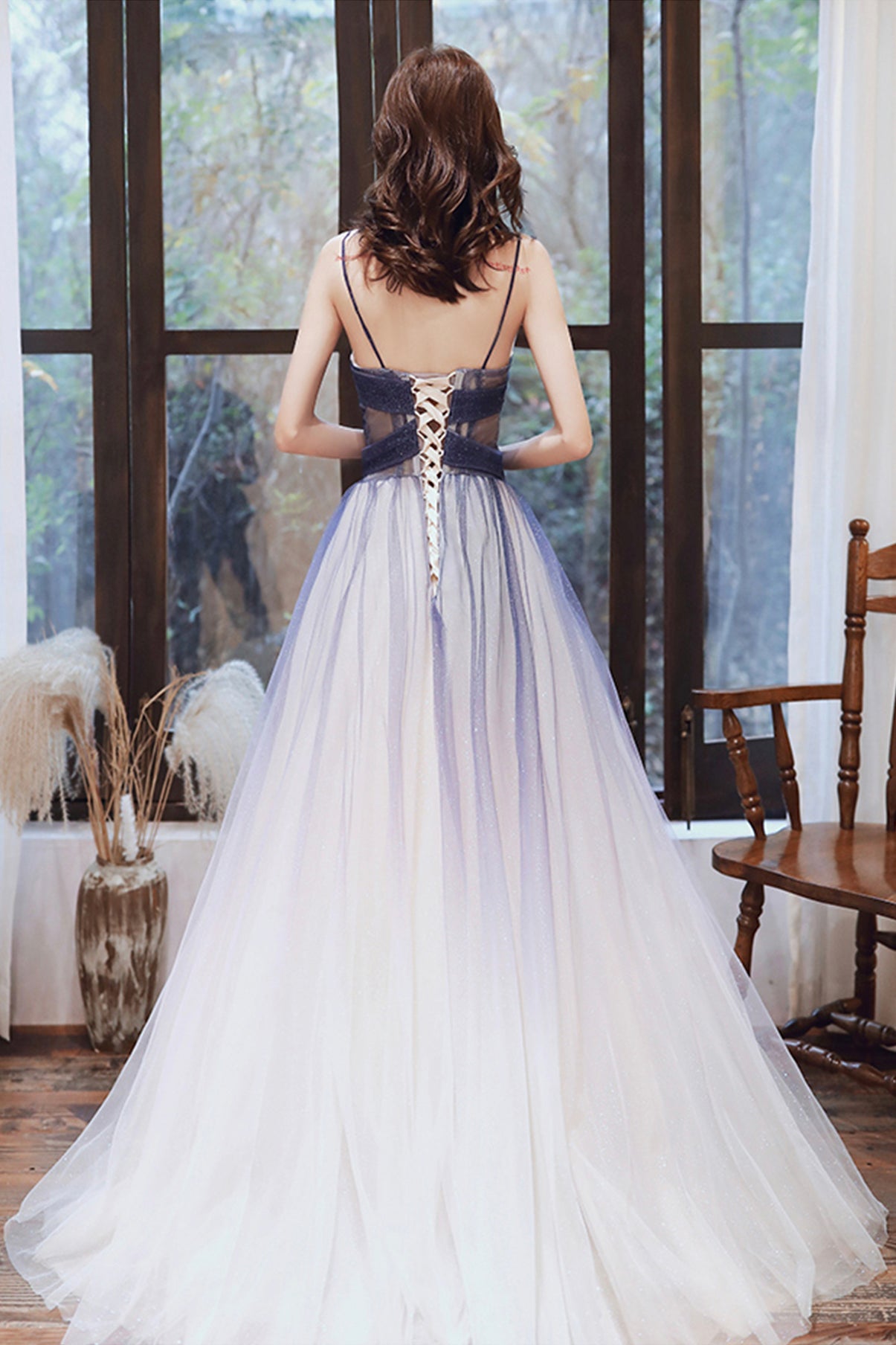 Stylish v neck tulle long A line prom dress blue evening dress  8725