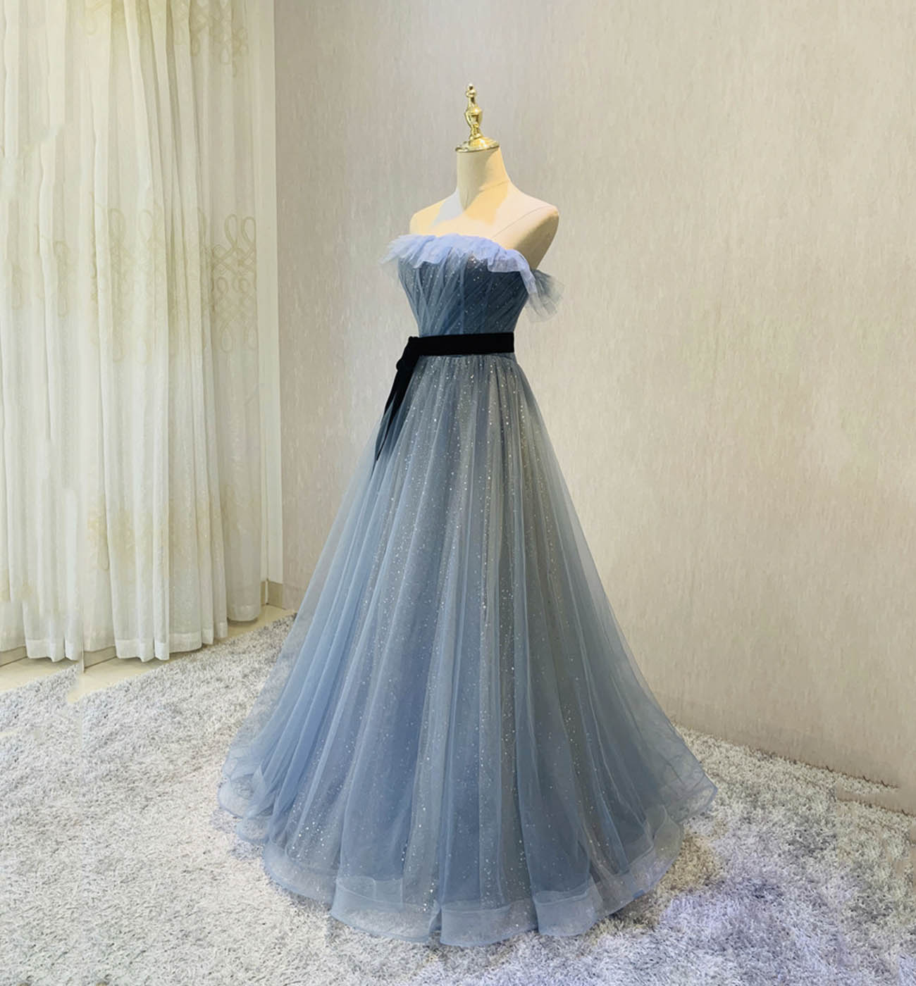 Blue tulle long prom dress blue evening dress  8607