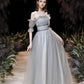 Grey tulle long prom dress grey evening dress  8557