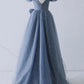 Blue v neck tulle long A line prom dress evening dress  8691