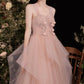 Pink tulle long A line prom dress pink evening dress  8732
