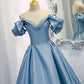 Shiny satin long A line prom dress blue evening dress  8845
