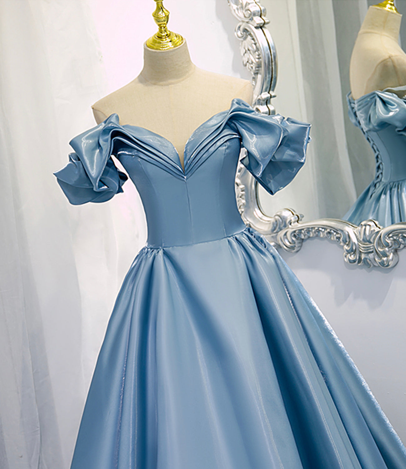 Shiny satin long A line prom dress blue evening dress  8845