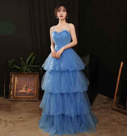 Blue tulle long A line prom dress blue evening dress  8906
