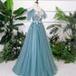 Blue v neck lace long prom gown blue evening dress  8530
