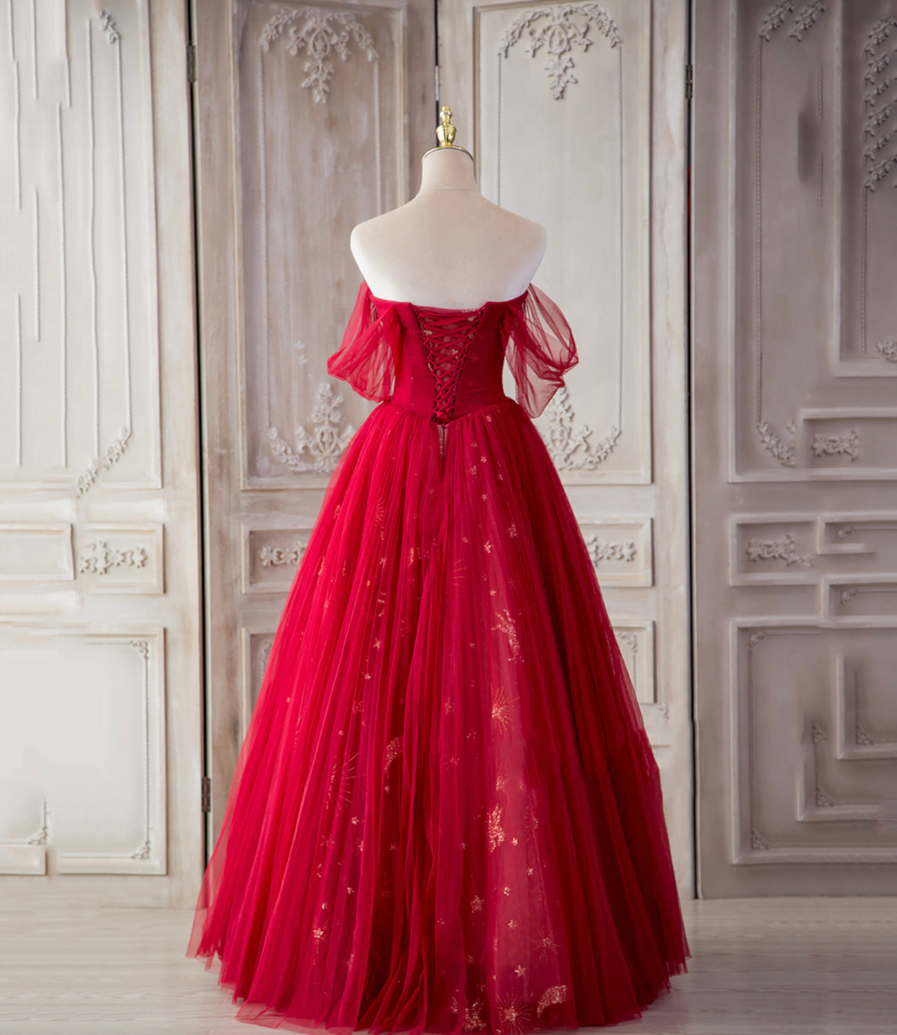 Red tulle long A line prom dress red evening dress 8800
