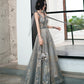 Gray v neck sequins long prom dress evening dress  8490