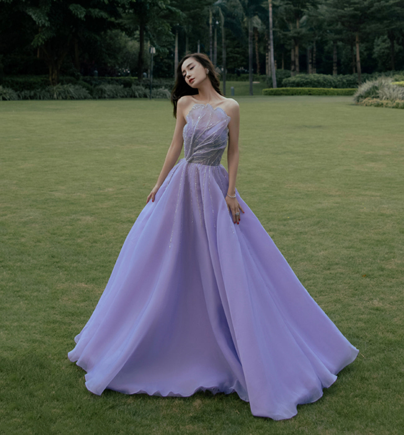 Unique tulle long lilac prom dress A line evening dress  8604