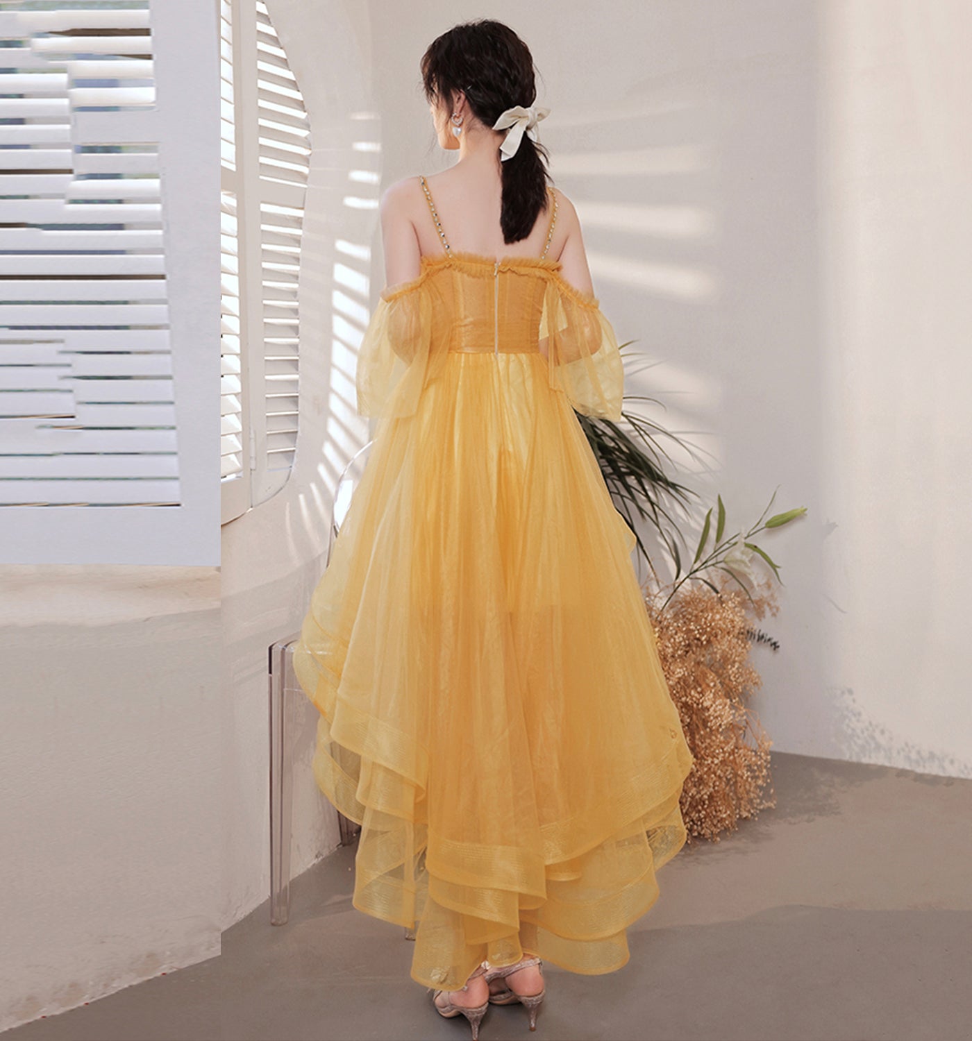 Yellow tulle short prom dress cockatil dress  8961