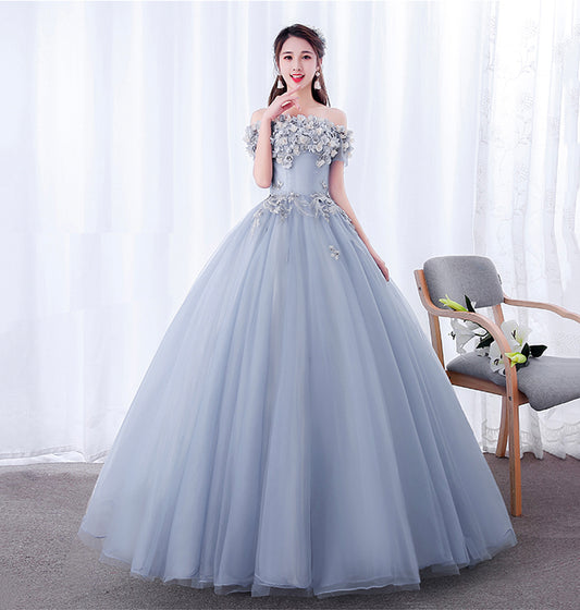 A line tulle applique long prom dress evening dress  8625