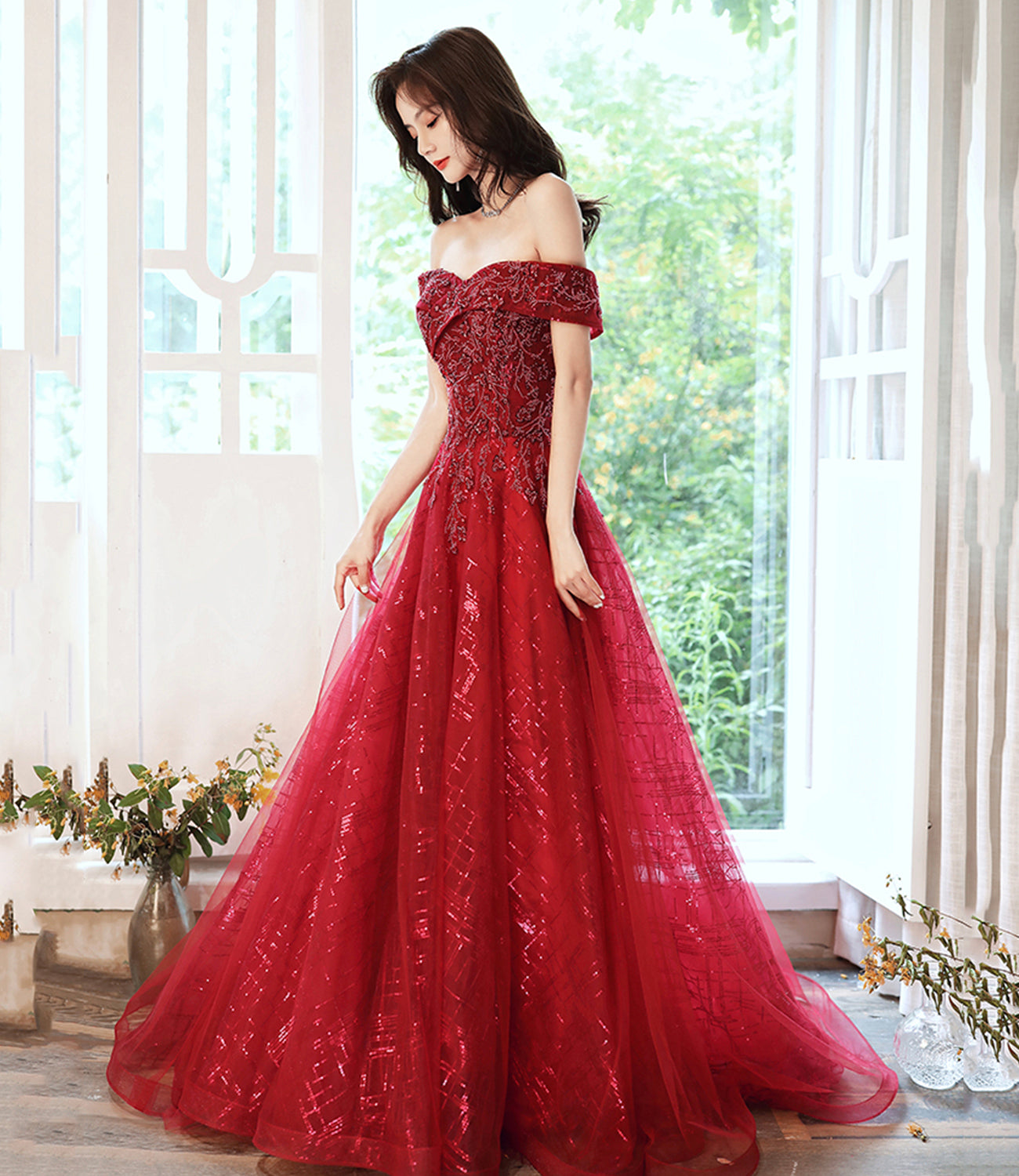 Red tulle sequins long prom dress evening dress  8969