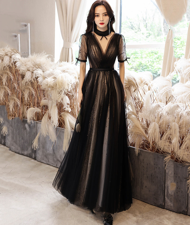Black tulle long prom dress black evening dress  8529