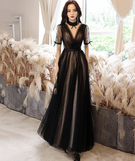 Black tulle long prom dress black evening dress  8529