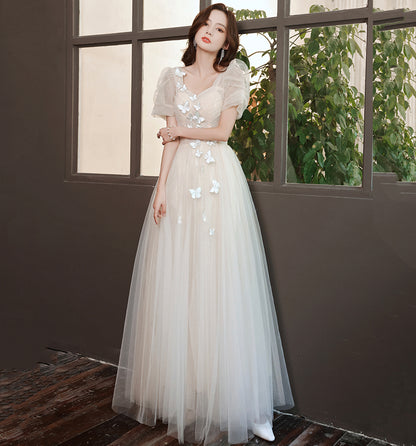 Champagne tulle long A line prom dress evening dress  8883