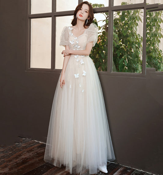 Champagne tulle long A line prom dress evening dress  8883