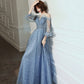 Blue tulle long prom dress A line evening gown  8955