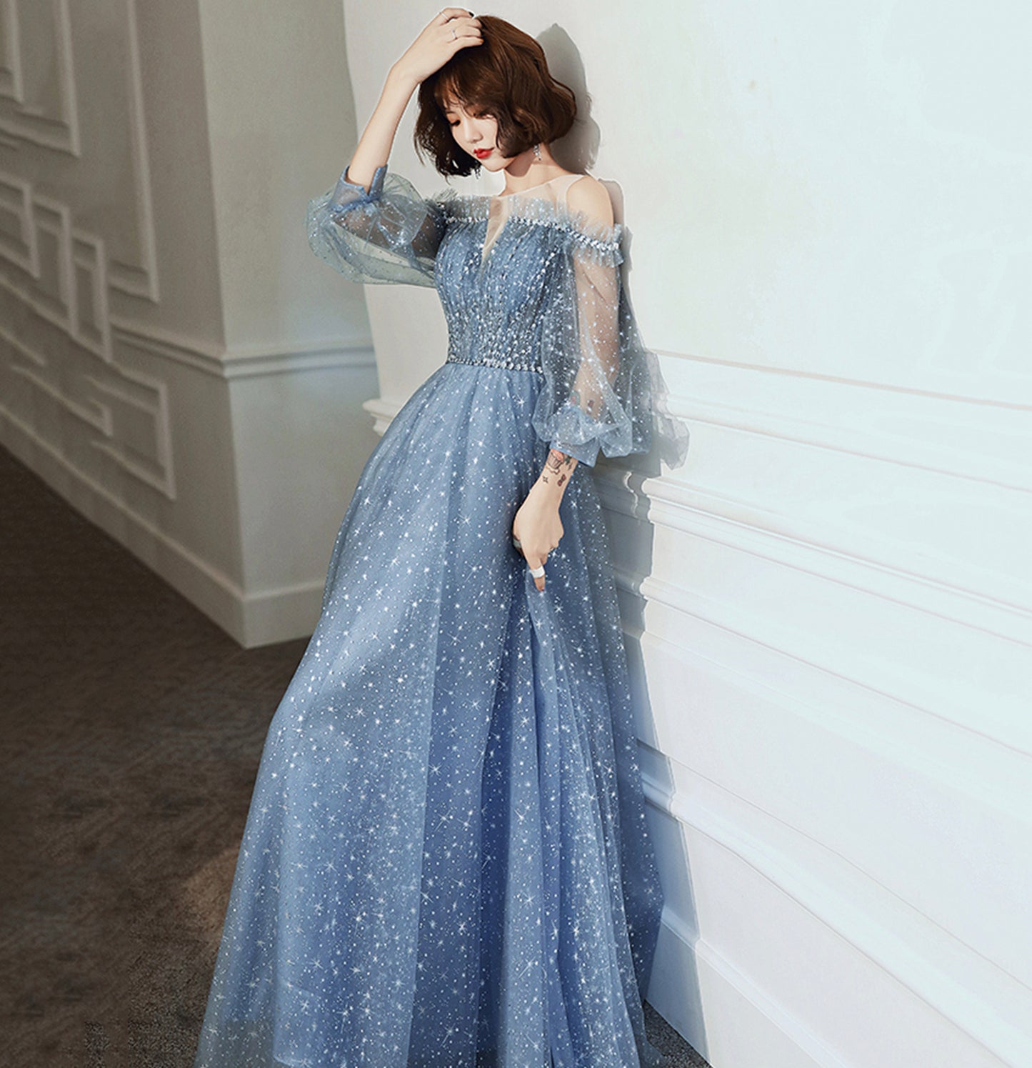 Blue tulle long prom dress A line evening gown  8955