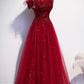 Burgundy tulle sequins long A line prom dress evening dress  8710