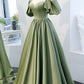 Green satin long A line prom dress evening dress  8745
