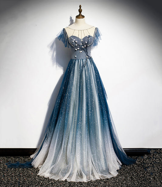 Blue tulle sequins long prom dress blue evening dress  10228