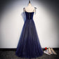 Blue tulle velvet long prom dress, blue evening dress  7914