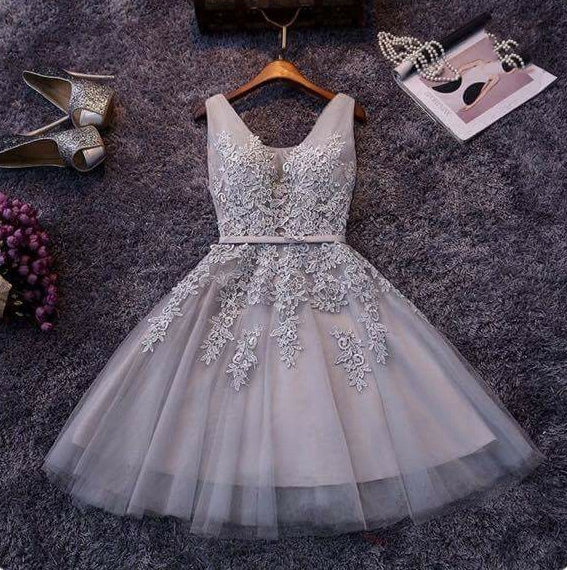 Cute A-line grey lace short prom dress,homecoming dresses  7578