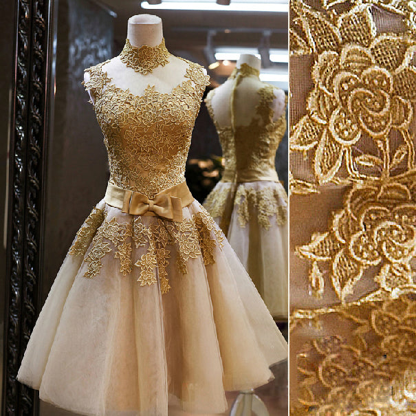 A-line gold lace short prom dress,homecoming dress,evening dress  7624