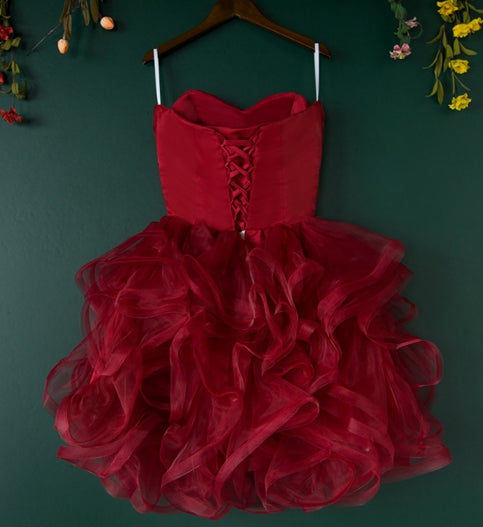 Cute burgundy tulle short prom dress,burgundy evening dress,homecoming dresses  7658